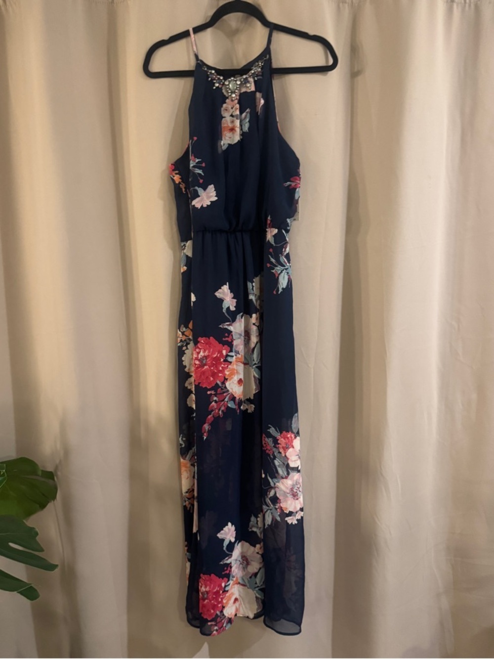 NWT Crystal Doll Navy Floral Maxi Dress with Pink & Coral Accents